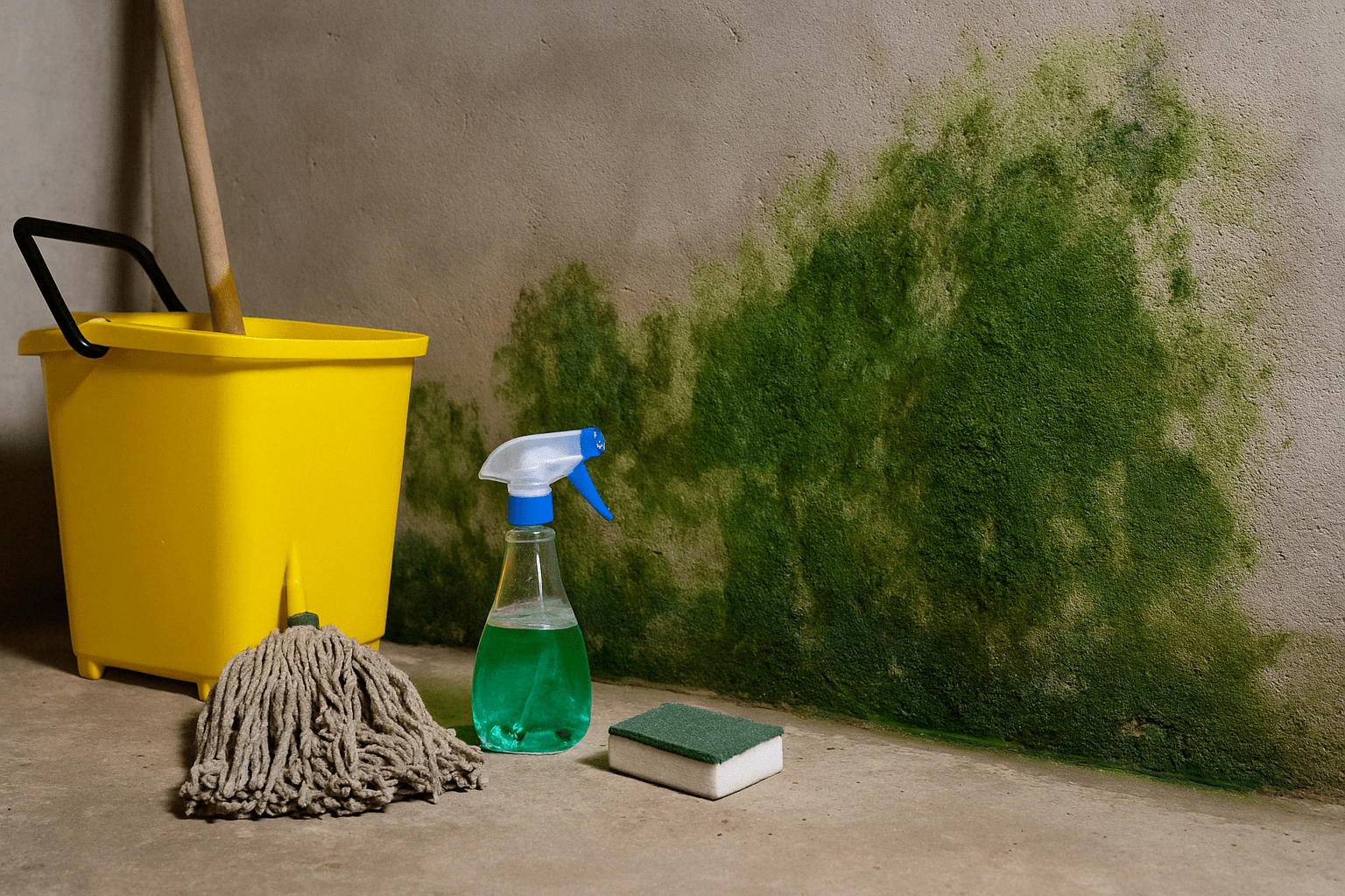 Green mold on a damp basement wall, with cleaning equipment nearby